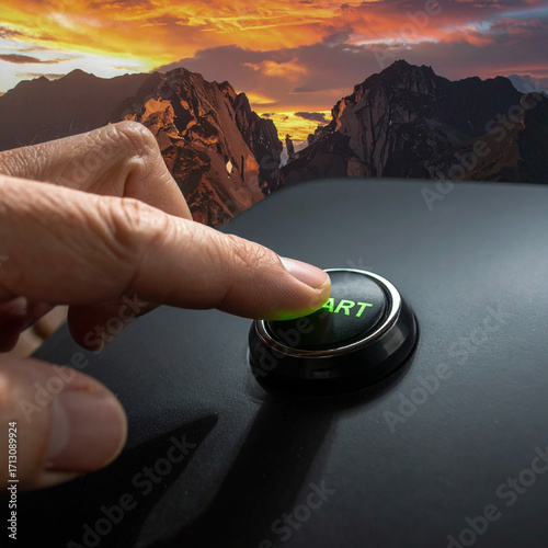 Graphic design of a hand touching a circular button with the text Start. Image generated with AI.