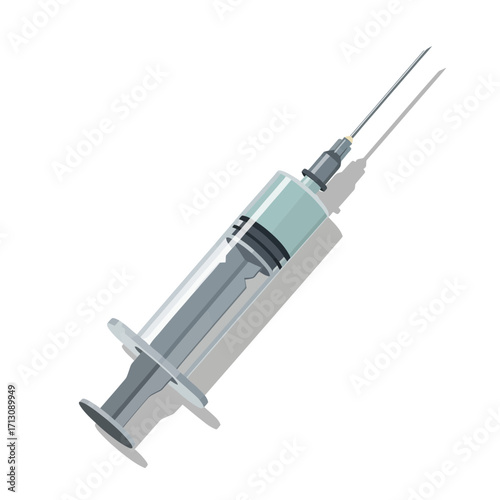 Medical syringe with liquid against white background.