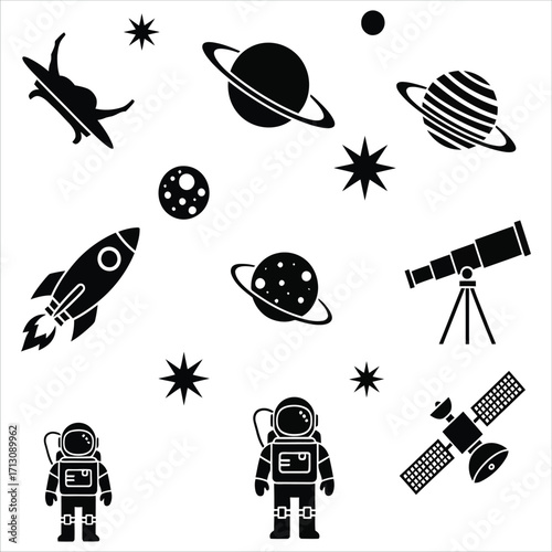 Cosmic Exploration Icons Astronauts, Planets, Rocket, and Telescope, Isolated on White