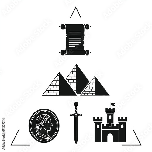 Symbols of History Ancient Scroll, Pyramids, Coin, Sword, and Castle, Representing Legacy