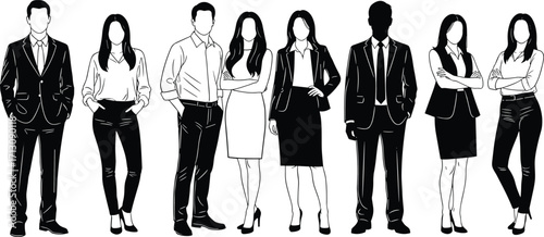 Business people group illustration, corporate team standing together, men and women in formal office attire, teamwork concept, professional colleagues vector