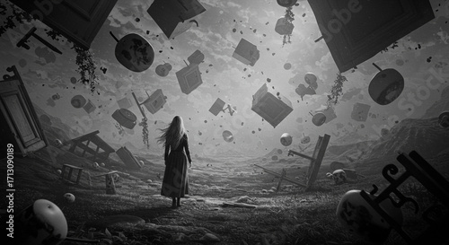 Surreal Scene of Floating Objects and a Woman in a Dreamlike Landscape. AI-generated image