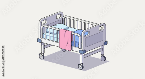 Hospital crib with bedding and blankets on wheels.