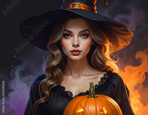 A female witch with a black pointy hat holding a lit pumpkin. In the red background, smoke and fire. Halloween atmosphere. AI-generated image.