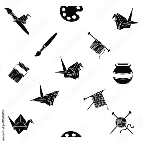 Seamless pattern of origami cranes, art supplies, and knitting supplies on a white background