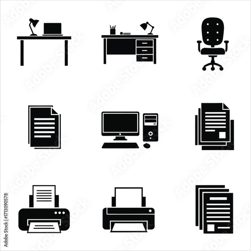 Set of office equipment icons including desks, chairs, computers, printers, and documents