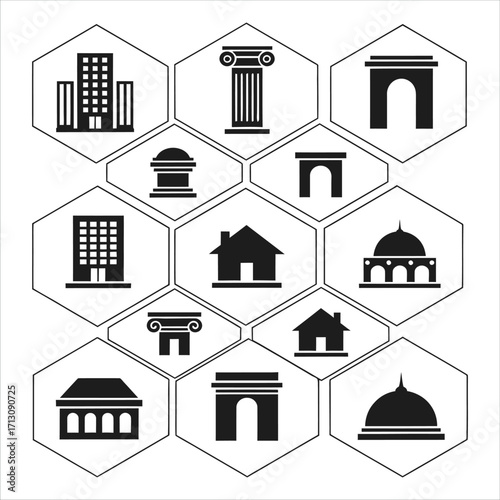 Collection of Building Silhouettes Including Arches, Domes, Pillars, and Modern Structures