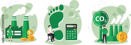 Carbon footprint illustration, CO2 emission reduction, climate change awareness, sustainable development, environmental impact, green energy, global warming prevention, eco-friendly solution