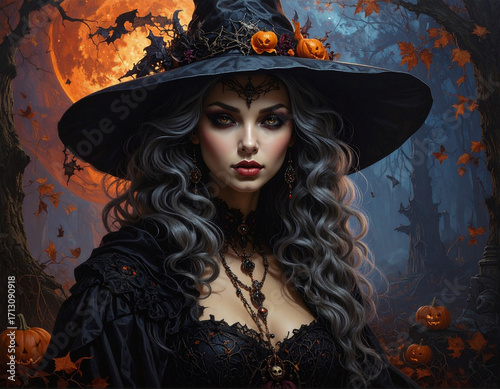 Beautiful witch with curly black hair wearing an ornate pointy hat and black dress against a mysterious and spooky Halloween background. AI-generated image
