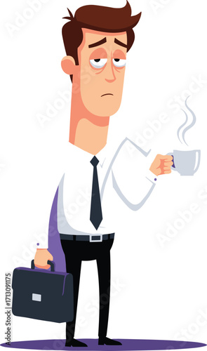 Cartoon tired office worker holding coffee cup, carrying briefcase, exhausted businessman character, early morning work stress, professional lifestyle, workplace illustration