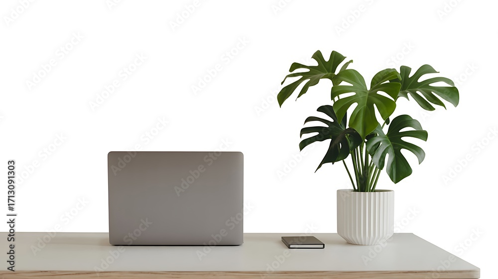 Fototapeta premium A modern laptop and a potted monstera plant sit on a clean white desk, isolated on white background
