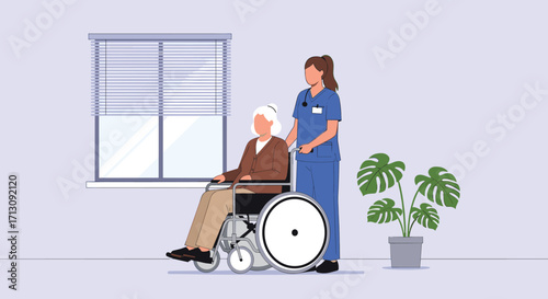 Elderly care illustration, nurse assisting senior in wheelchair, healthcare support, nursing home concept, medical care service, patient assistance, caregiver, rehabilitation