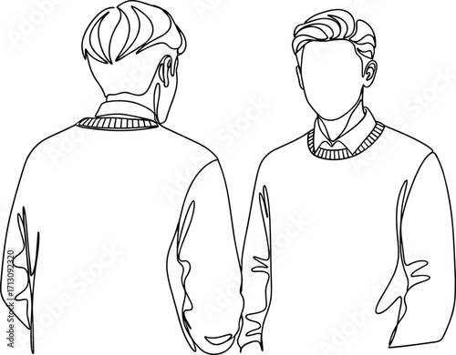 Fashion sketch of man front and back view wearing casual sweater, male figure outline, stylish hairstyle, apparel design, clothing illustration