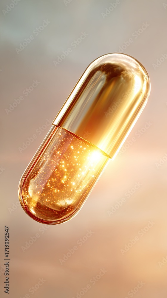 Fototapeta premium A digitally rendered, golden capsule filled with sparkling, golden particles floats against a soft, hazy sunset backdrop. The capsule is highly reflective, catching the light