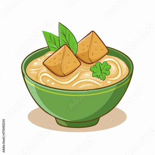 A vibrant cartoon illustration of a delicious bowl of soup, garnished with fresh herbs, and topped with golden tofu cubes