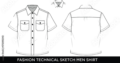 Fashion technical flat sketch of men’s short sleeve shirt, front and back view, clothing design template, apparel vector illustration for fashion designers