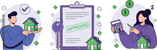 Home loan approval illustration, mortgage agreement, real estate investment, property purchase, financial planning, house buying process, credit approval, loan application