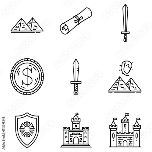 Aesthetic collection of historical, fantasy, and adventure-themed outline vector icons, perfect for ancient civilization concepts