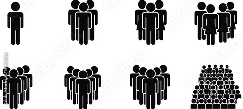 Silhouette icons of people groups, crowd and individual figures, teamwork and community concept, black pictogram collection on white background, vector illustration