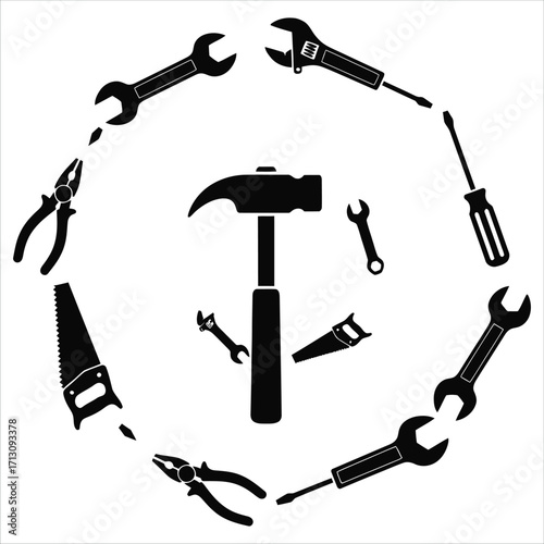 A circular composition of essential black silhouette hardware tools for repair and DIY projects