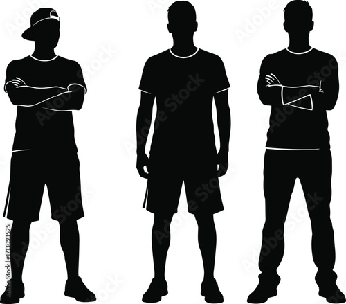 Silhouette illustration of three young men standing with arms crossed, casual streetwear style, black outline figures on white background, modern fashion concept
