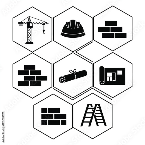 Construction and Engineering Icons Representing Building, Planning, and Safety on a White Background