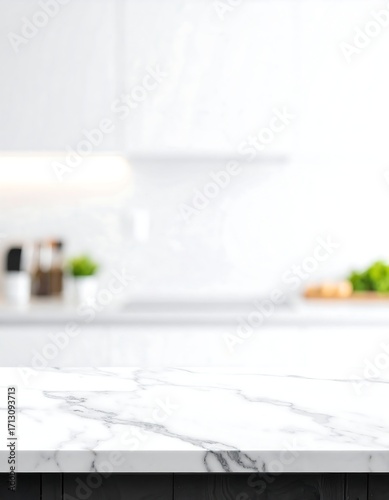 Blurred white kitchen, marble countertop