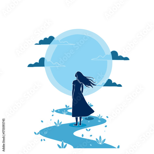 A woman stands on a lonely path looking at the full moon. A serene vector illustration and a flat design concept of a spiritual journey, dreams and solitude