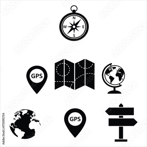 A collection of essential vector symbols for navigation, geography, and global travel concepts