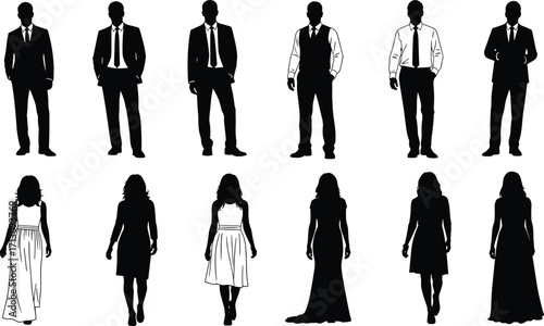 Silhouette of men and women in formal and casual outfits, standing pose, group character vector illustration, business and fashion concept design