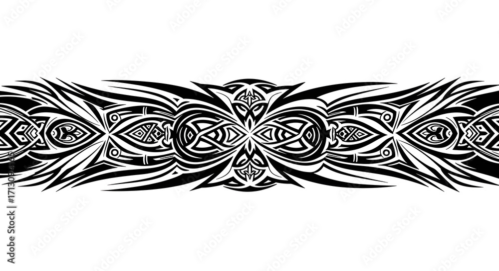 Fototapeta premium Bold tribal tattoo border design with intricate knotwork and sharp, dynamic lines for edgy apparel