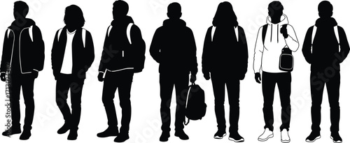 Silhouette of young men standing with backpacks, casual streetwear fashion, urban style character set, student and traveler concept vector illustration