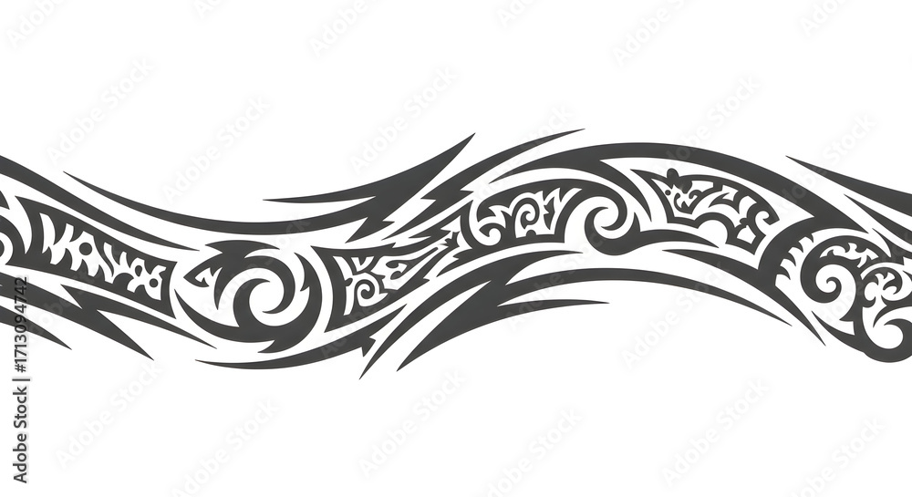 Fototapeta premium Bold tribal tattoo design element, dynamic black tribal border for edgy graphic projects