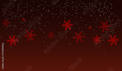 Red snowflakes and white snow falling background