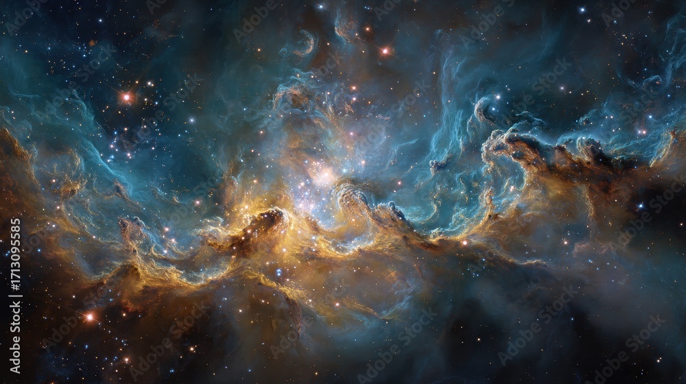 Fototapeta premium Majestic Cosmic Nebula Swirls of Turquoise, Gold, and Deep Space Hues.