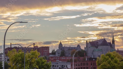 Sherbrooke Downtown Cathedral at Sunset with Dramatic Cloudy Sky Cityscape
