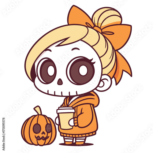 Cartoon skeleton girl with blonde hair holds beverage next to pumpkin, isolated on white