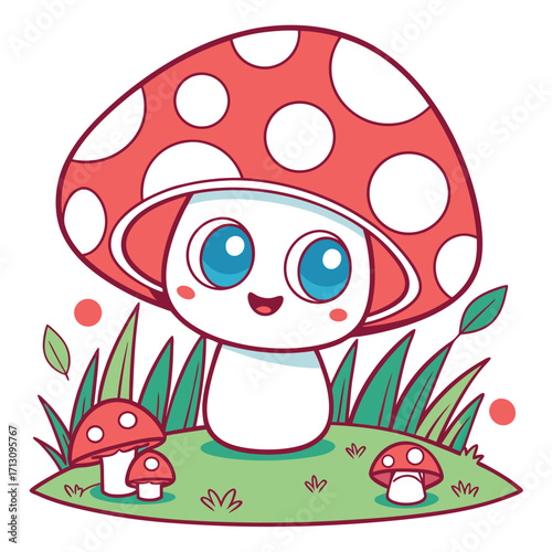Cheerful mushroom character stands on a grassy mound surrounded by plants and other mushrooms with transparent background