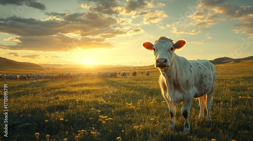 Fototapeta Naklejka Na Ścianę i Meble -  Majestic white cow stands in a golden wildflower meadow, looking directly at the camera, with a herd of cattle grazing in the sun-drenched field and rolling hills under a vibrant sunset sky.