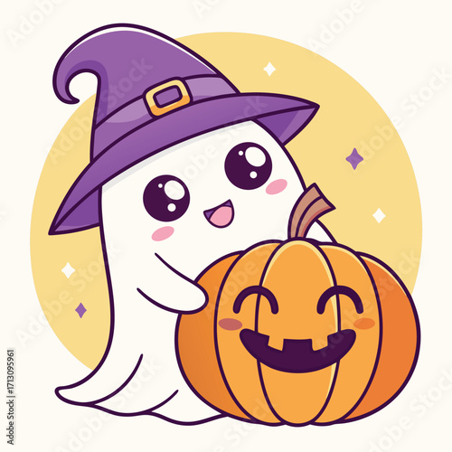 Happy ghost wearing a purple witch hat embraces a smiling pumpkin in a delightful scene
