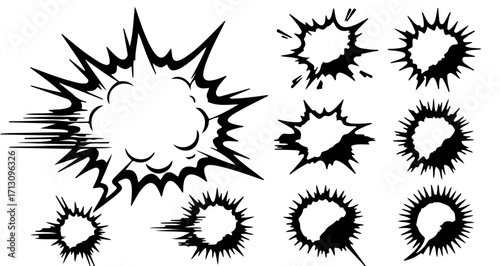 Collection of nine cartoon explosion effects, including bursts, impacts, and speed lines, rendered in black and white vector format.