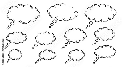 A collection of nine hand-drawn thought bubbles, varying in size and shape, arranged on a white background, suggesting ideas and communication.