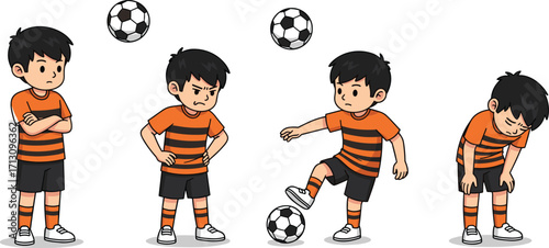 Soccer tween boy, orange striped jersey, cartoon illustration, emotions and actions, four poses, soccer ball, playful character, sports youth, facial expressions