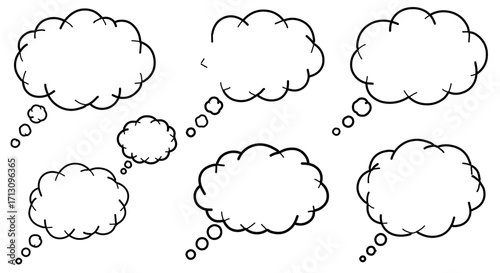Six white thought bubbles of varying sizes are arranged on a white background, suggesting ideas or communication.