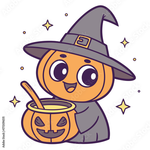 A cartoon pumpkin wearing a witch hat happily holds a cauldron on white background