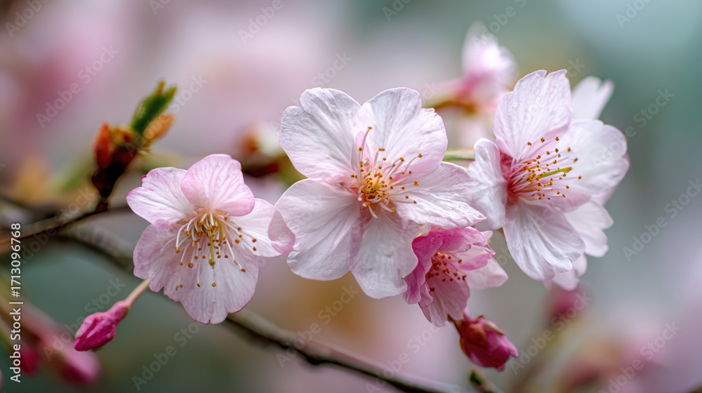 Obraz premium Cherry blossoms blooming on branches in spring with delicate pink petals and green soft background bringing a sense of tranquility and beauty to nature's landscape.