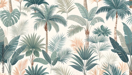 Seamless tropical pattern with various palm trees and foliage.  Muted greens and beige tones