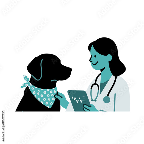 A female veterinarian with a tablet showing a heartbeat examines a large labrador dog. A flat vector illustration on pet care, animal health and veterinary medicine for a clinic website