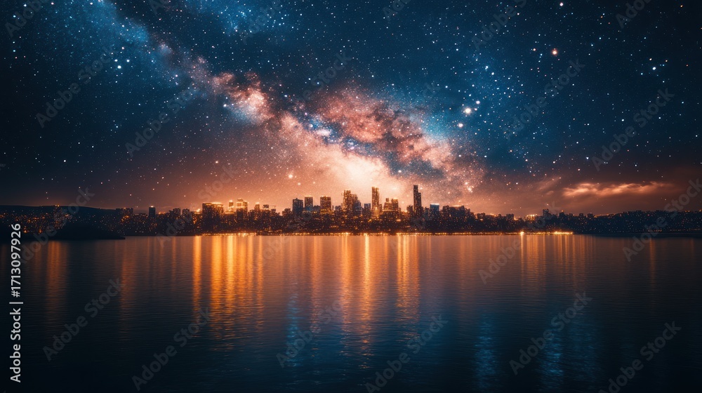 Naklejka premium Breathtaking Milky Way Galaxy Arches Over a Dazzling City Skyline at Night, with Golden Lights Reflecting on Serene Waters