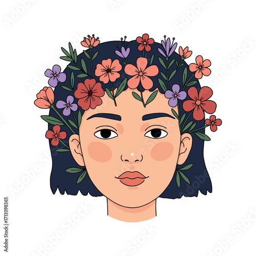 Floral portrait of a young woman digital artwork indoor setting artistic perspective beauty concepts. Vector illustration